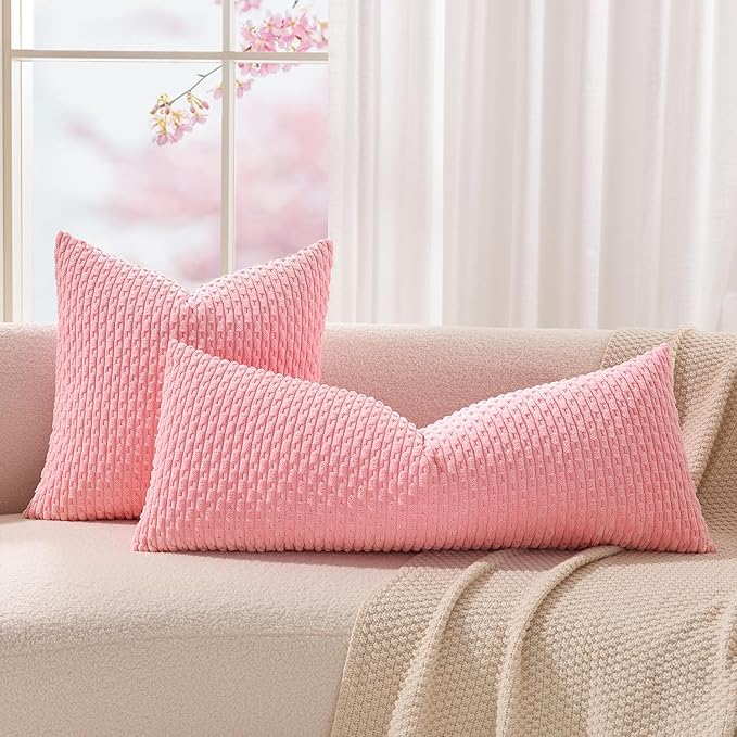 Kevin Textile Valentines 14x36 Inch Long Lumbar 1 Pack Boho Decorative Throw Pillow Cover Soft Striped Corduroy Rectangle Cushion Case Farmhouse Accent for Living Room Couch Sofa Bed, Pink