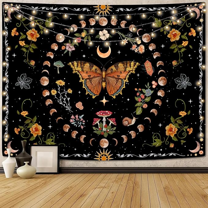 Aipon Orange Butterfly Moon Flower Tapestry Botanical Floral Plant Boho Tapestry for Bedroom Aesthetic Vintage Tapestries Wall Hanging for Living Room Dorm (36.00" x 48.00", Orange)