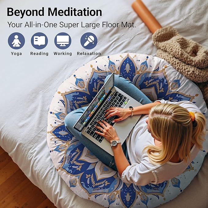 Meditation Cushion 32 Inch Round, Extra Thick Memory Foam Floor Pillow with Removable Washable Cover, Bohemian Mandala Yoga Cushion for Adults - Ideal Gift & Holiday Decor, Blue