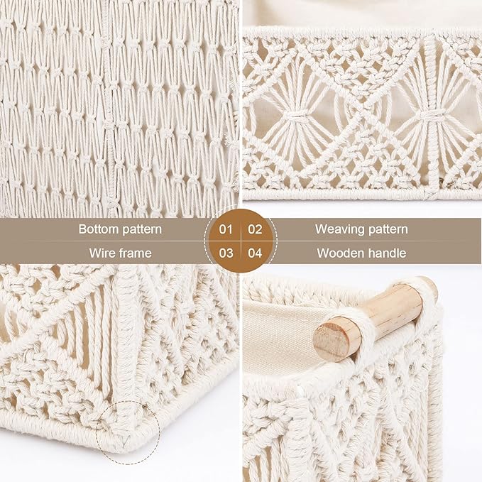 ANMINY 5PCS Macrame Storage Baskets for Organizing Boho Decor Baskets Storage Bins with Wood Handles Handmade Decorative Storage Boxes with Removable Liner Toilet Tank Bathroom Self Basket Organizer