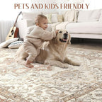 Washable Rug 9x12 Area Rugs: Boho Vintage Distressed Oriental Medallion Neutral Thin Large Rug Carpet for Living Room Bedroom Dining Room Home Office Decor - Beige