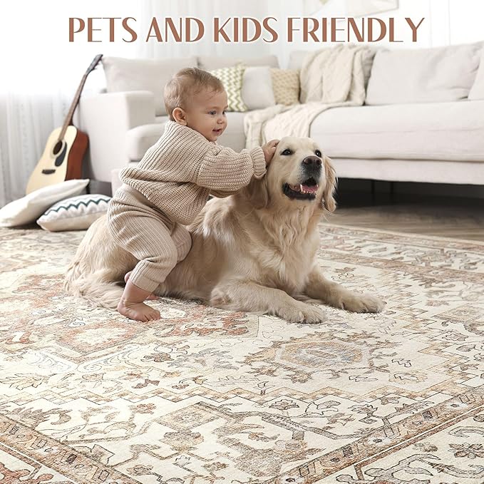 Washable Rug 10x12 Area Rugs: Boho Vintage Distressed Oriental Medallion Neutral Thin Large Rug Carpet for Living Room Bedroom Dining Room Home Office Decor - Beige