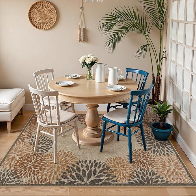 LIVEBOX Modern 3x5 Jute Outdoor Patio Rug, Washable Rugs for Entryway Porch, Tropical Floral Boho Farmhouse Carpet, Non Slip Front Door Mat for Outdoor Indoor Entryway Guestroom Decor (Beige 3'x5')