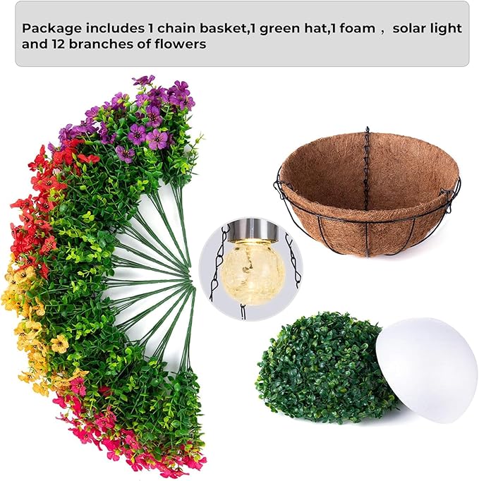 Artificial Faux Hanging Plants Flowers Basket for Summer Outdoor Outside Decorations,Fake Silk UV Resistant Look Real,Realistic Ferns for Outdoors for Porch Garden Decor,12 Bundles (Blue Red Purple)