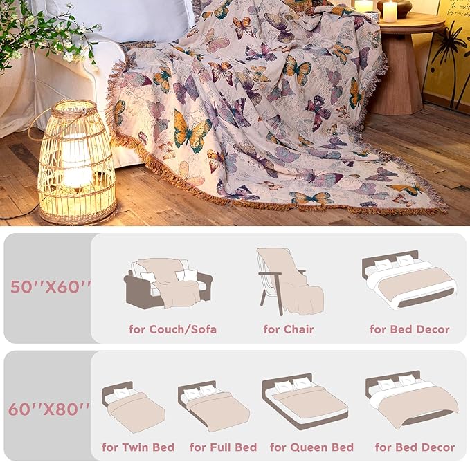 Boho Butterfly Throw Blanket 60"x80" Twin Size Bed Blanket,100% Cotton Reversible Soft Breathable Lightweight Spring Decorative Blankets with Tassels for Couch Sofa Decor All Season
