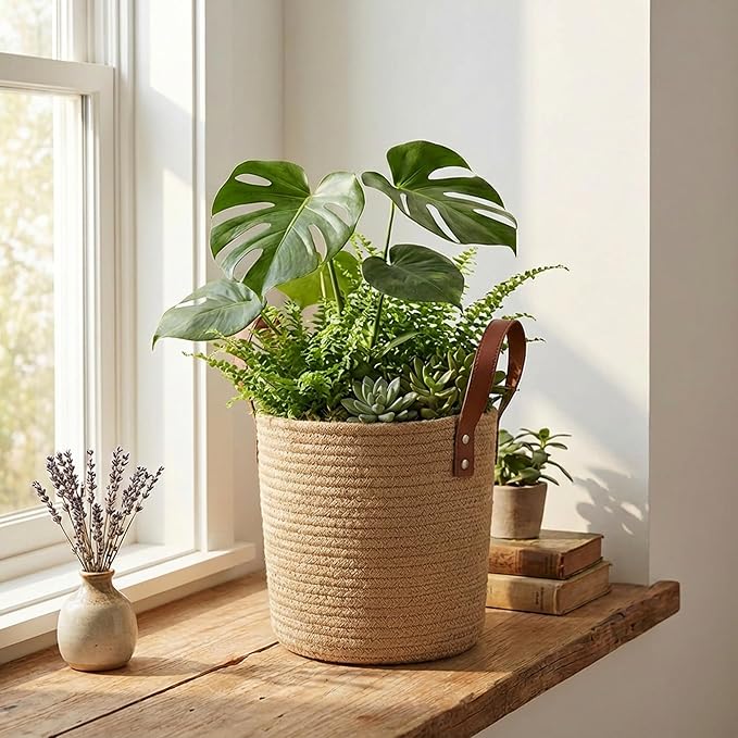 2Pack Natural Jute Hanging Baskets 7 * 8 in, Round Woven Wall Decor & Storage Planter for Plant Decor and Home Organization,Walls Basket for Bedroom, Living Room, Bathroom,Boho Decor (Jute)