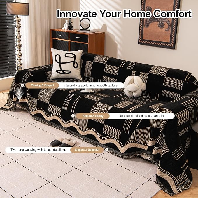 ROOMLIFE Dark Coffee Couch Cover Sofa Covers, Chenille Couches Covers for 3 Cushion Sofas, Non Slip Soft Breathable Sofa Slipcovers for Pet, Washable Furniture Protector with Tassel,71''X134”