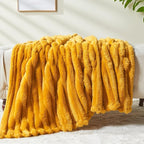 NEWCOSPLAY Super Soft King Blanket Mustard Yellow Premium Silky Flannel Fleece 3D Ribbed Jacquard Lightweight Bed Blanket All Season Use (Mustard Yellow Ribbed, King(90"x110"))