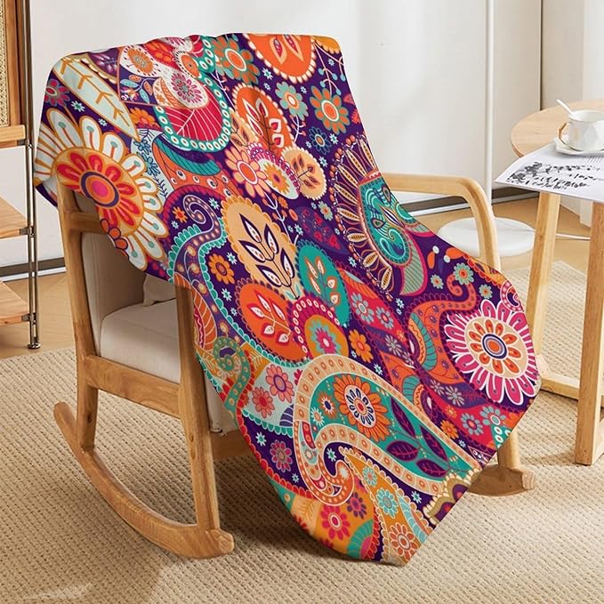 Boho Paisley Floral Throw Blanket Mandala Indian Bohemian Colorful Flowers Blanket for Sofa Bed Couch Chair Or Dorm 40"x50"