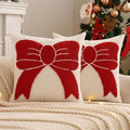 Tosleo Christmas Tufted Pillow Covers 18 x 18 inch Set of 2 Xmas Red Bow Throw Pillow Cover Party Decor Winter Holiday Embroidery Cushion Case for Sofa Couch Bed Living Room