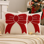 Tosleo Christmas Tufted Pillow Covers 18 x 18 inch Set of 2 Xmas Red Bow Throw Pillow Cover Party Decor Winter Holiday Embroidery Cushion Case for Sofa Couch Bed Living Room