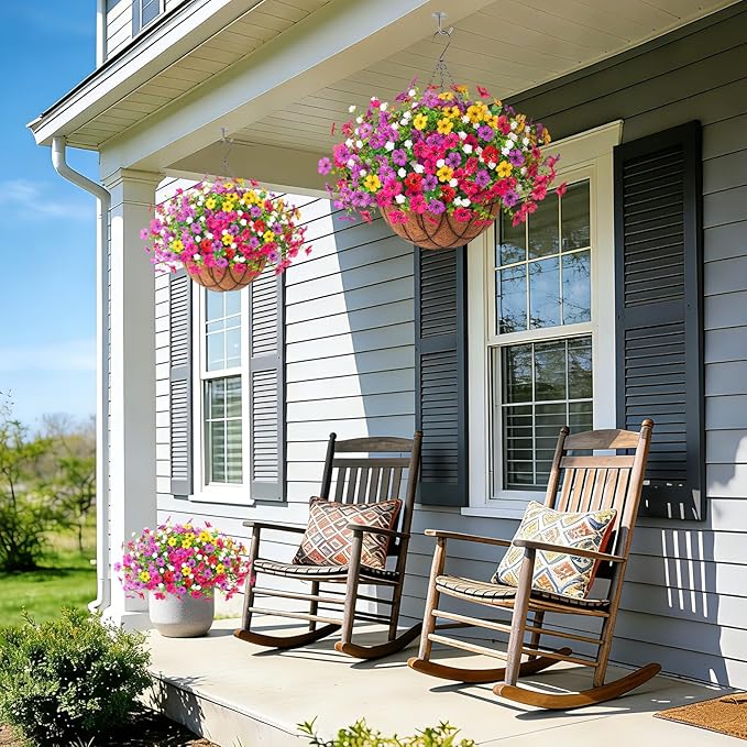 Artificial Silk Flowers Hanging Baskets Outdoors Indoors, Daisy with Eucalyptus Leaves Arrangement for Garden Yard Spring Summer Decor Faux Green Plant Metal Coconut Lining