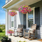 Artificial Silk Flowers Hanging Baskets Outdoors Indoors, Daisy with Eucalyptus Leaves Arrangement for Garden Yard Spring Summer Decor Faux Green Plant Metal Coconut Lining