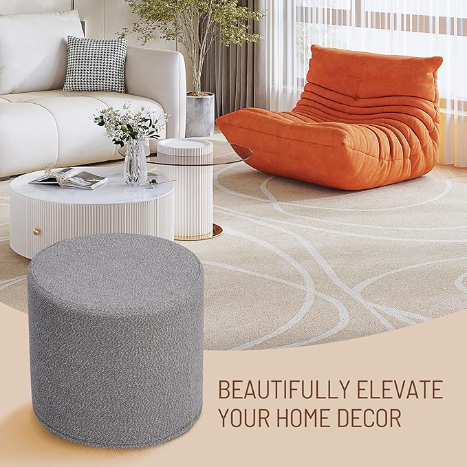 Round Pouf Ottoman and Foot Rest, Soft Boucle Footstool Ottomans for Living Room, Comfort Sponge Stuffed Poofs for Couch Desk Resting Your Feet, Grey(17.1" D x 17.1" W x 14" H)