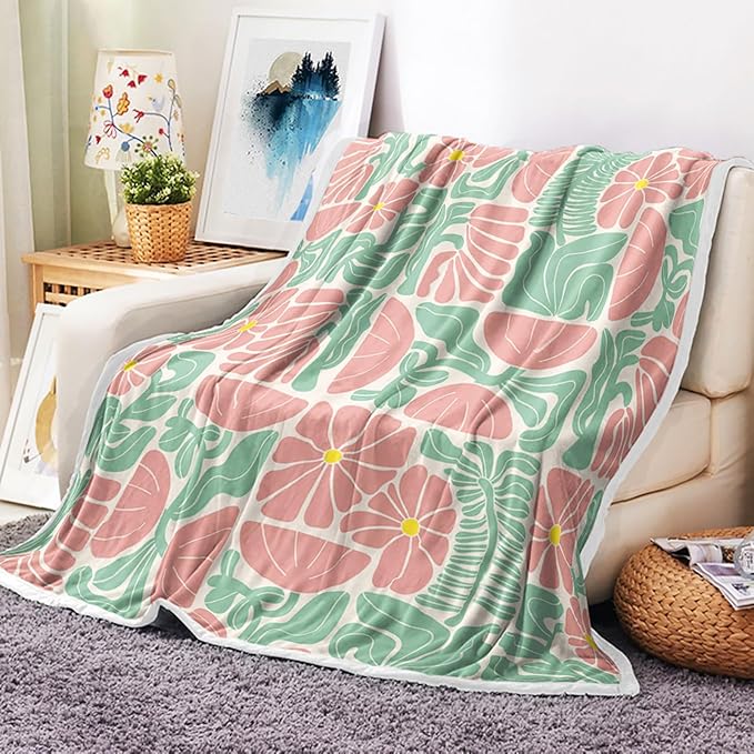 Boho Abstract Colorful Floral Throw Blanket, Vintage Retro Patchwork Pink Green Flower Botanical Geometric Aesthetic Groovy Flannel Throw Blanket for Chair Bed Sofa Couch, 50X60IN