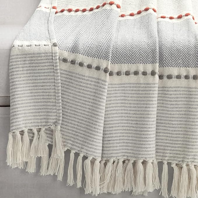 Lush Decor Herringbone Stripe Woven Tassel Yarn Dyed Cotton Throw Blanket 50" W x 60" L Yellow & Gray - Striped Throw Blankets - Yellow Couch Blanket