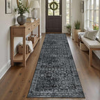 2'6''x8' Runner Rug, Washable Kitchen Rugs, Black Boho Vintage Floral Hallway Runner, Non Slip Low Pile Area Rug Carpet for Hallway, Kitchen, Laundry Room and Bathroom(Black 2.6x8ft)
