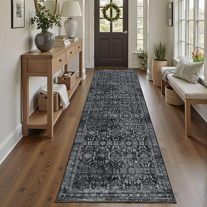 2'6''x8' Runner Rug, Washable Kitchen Rugs, Black Boho Vintage Floral Hallway Runner, Non Slip Low Pile Area Rug Carpet for Hallway, Kitchen, Laundry Room and Bathroom(Black 2.6x8ft)