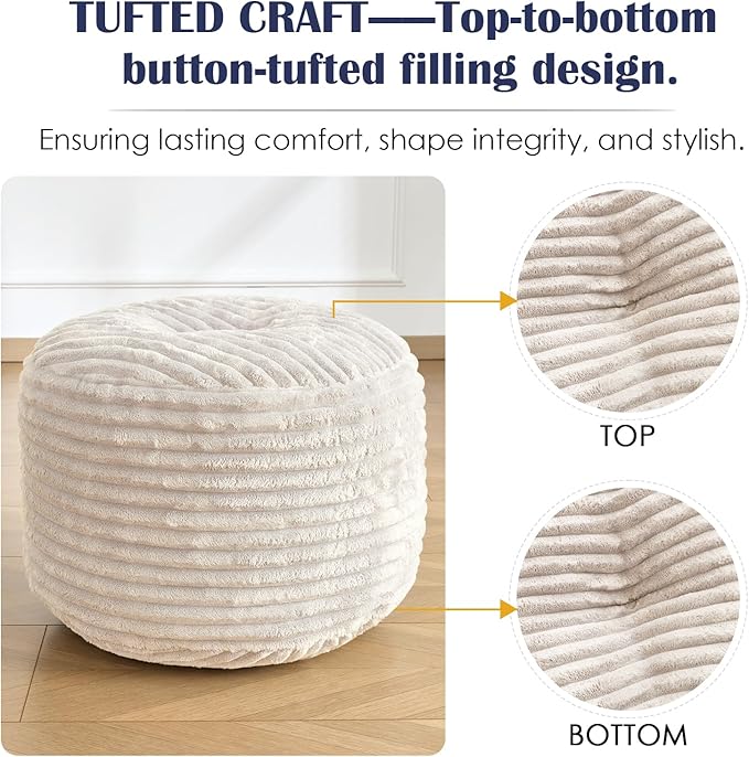 SHOUREN Stuffed Round Pouf Ottoman,Corduroy Foot Rest with Shredded Foam Filling, Lightweight and Fluffy Pouf Storage Ottoman for Living Room,Floor Poufs for Couch,18"x 14", Beige
