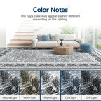 Lessymo 6FT Washable Round Area Rugs for Living Room, Non Slip Circle Rugs Low Pile Vintage Carpet for Bedroom, Dining Room, Nursery, Home Office, Grey White