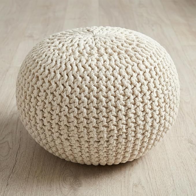 Palisa Round Ottoman Pouf Handmade Cotton Knitted Poof Bean Bag Filling (Ivory, 20" D x 20" W x 14" H)