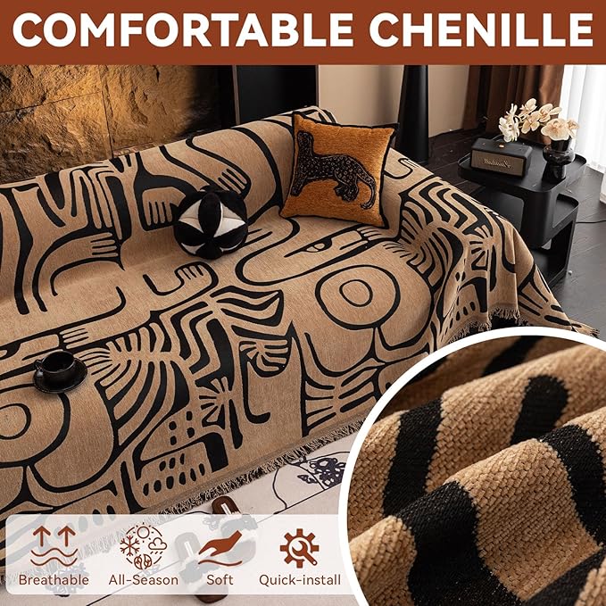 VClife Boho Sofa Cover Pet Sectional Couch Covers, Anti Slip Chenille Sofa Slipcover for 3 Seat, Unique Black Coffee Couch Sofa Covers for 3 Cushion Couch Washable Sofa Covers Throw, 71"X134"