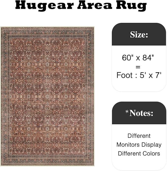 HUGEAR Area Rug 5x7 Vintage Brick Red Machine Washable Living Room Rugs Distressed Retro Floral Vacuumable Low Pile Carpet Bedroom Office Dining Room Laundry Room Non Slip Soft Lightweight