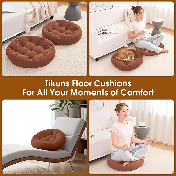 2Pcs Floor Pillows for Adults, 22x22 Inch Meditation Cushions, Large Round Sitting Cushion Living Room Memory Foam Pillow for Sitting (2, Brown, 22x22x4 Inch)