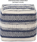 REDEARTH · UNSTUFFED Pouf Ottoman Cover Textured Cube Bean Bag Poof Pouffe Footrest for Living Room, Bedroom, Patio, Gym; 100% Cotton (18"X18"X18", Indigo Impressions)