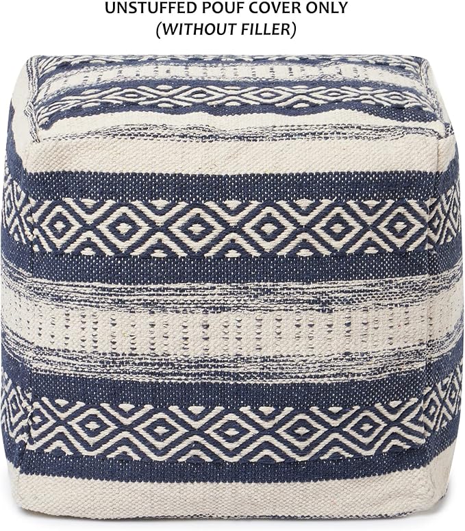 REDEARTH · UNSTUFFED Pouf Ottoman Cover Textured Cube Bean Bag Poof Pouffe Footrest for Living Room, Bedroom, Patio, Gym; 100% Cotton (18"X18"X18", Indigo Impressions)