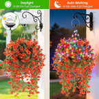 Outdoor Hanging Artificial Flowers Basket: Realistic Fake Plants Basket with Solar String Lights for Home Garden Enthusiasts - 10 Inch Faux Silk Flower Baskets for Porch Wall Patio Tree Decor