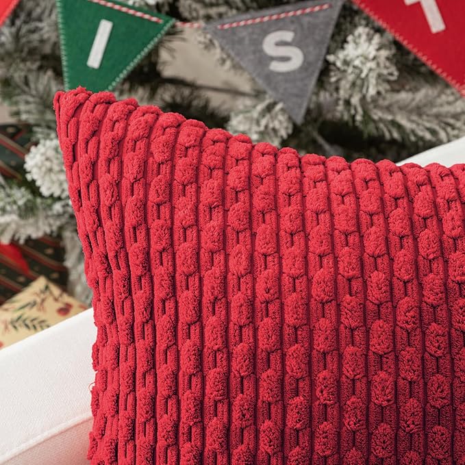 Kevin Textile Valentines 14x24 Inch Pillow Cover 1 Pack Boho Decorative Soft Striped Corduroy Lumbar Farmhouse Color Accent Rectangle Cushion Case for Living Room Couch Sofa Bed, Red