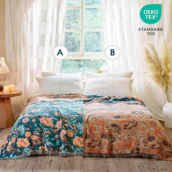 Boho Throw Blanket - 100% Cotton Ultra Soft Muslin Blanket, 60"x80" Lightweight Floral Bird Framhouse Bedding Spring Blanket for Bed, All Season Green Bohemian Bedroom Home Decor Quilt