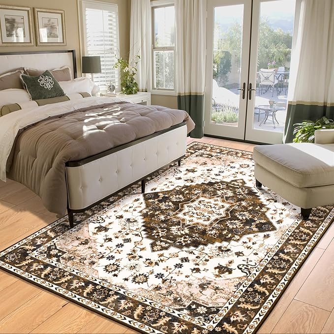 Amearea Vintage Design Area Rugs for Living Room, 5x8 Machine Washable Floral Collection Traditional Bedroom Rug, Low Pile Cute Kids Room Print Carpet, No Slip Office Kitchen Home Decor, Brown