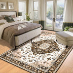 Amearea Vintage Design Area Rugs for Living Room, 5x8 Machine Washable Floral Collection Traditional Bedroom Rug, Low Pile Cute Kids Room Print Carpet, No Slip Office Kitchen Home Decor, Brown