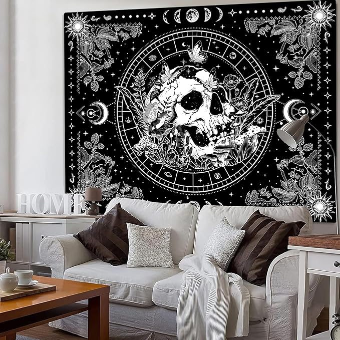 Aipon Black and White Skeleton Tapestry Bedroom Skull Mushroom Tapestries Hippie Nature Plants Floral Flower Aesthetic Tapestry Wall Hanging for Living Room Dorm (Black, 90'' × 68'')