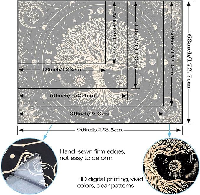 Accnicc Tree of Life Tapestry Sun Moon Stars Tapestries for Bedroom Aesthetic Hippie Black Beige Boho Mandala Spiritual Celestial Large Tapestry Wall Hanging for Dorm Living Room Decor 80 x 60 Inch