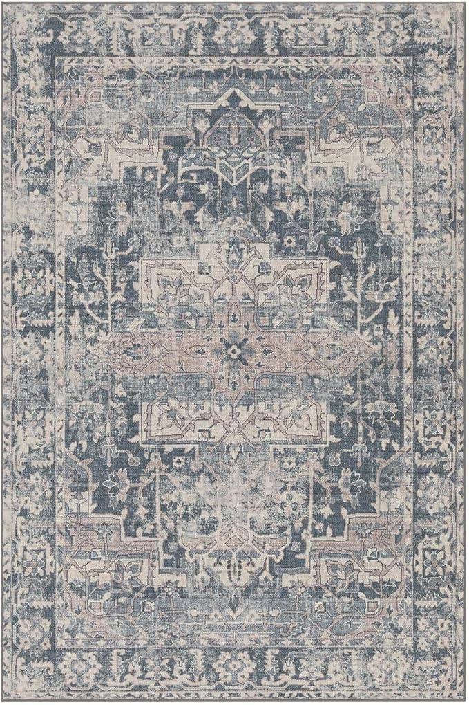 10x14 Area Rugs for Living Room Bedroom, Large Washable Rug, Blue Vintage Retro Boho Rug, Non Slip & Low Pile Faux Wool Thin Carpet for Indoor Dining Room and Kids Room(Blue 10x14ft)