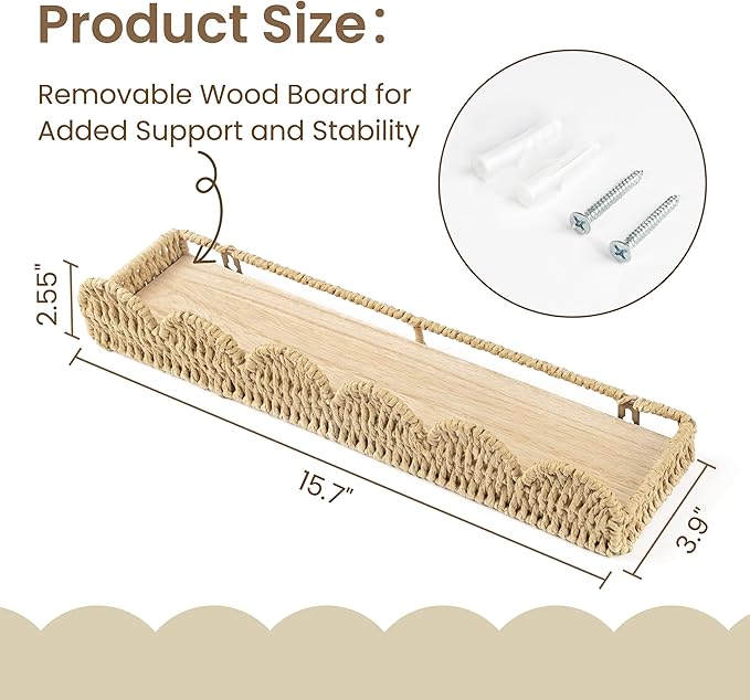 AELS Scalloped Nursery Bookshelf, Set of 4, Picture Ledge Shelf for Wall Decor, Woven Straw Paper Floating Shelves for Books, Toys, Photo Frames, Nursery, Boho Modern Farmhouse Book Shelf, Beige