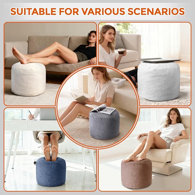 Pouf Ottoman Foot Rest, Comfortable & Soft, Round Footstool for Living Room, Bedroom, Office, Room Decoration, Corduroy Foot Stool Pouf with Odorless & Anti-Clump Filling, Small Grey