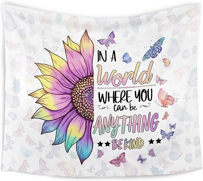 WARDOS Be Kind Sunflower Butterfly Decorations For Kids Tapestry, Inspirational Tapestry Wall Hanging, Be Kind Motivational Wall Blanket Decor for Home Living Room Bedroom Office Classroom, 50x60 Inch