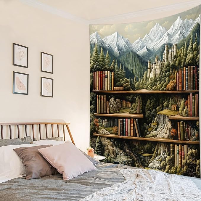 LB Forest Library Tapestry for Bedroom Wall Decor- Snow Mountain Green Tree Vinage Book Wall Tapestry- Fairytale Castle Classroom Bookshelf Tapestries for Living Room College Dorm,70.5Wx92H inches