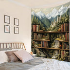 LB Mountain Library Tapestry Green Forest Vinage Book Fairytale Castle Tapestries Wall Hanging Classroom Bookshelf Wall Decor for Bedroom Living Room College Dorm,60Wx78H inches