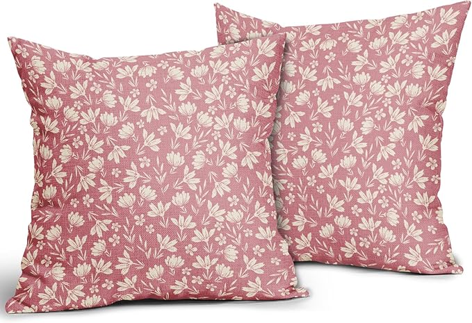 Pink Pillow Covers 20x20 Set of 2 Vintage Floral Rustic Old Style Cute Flower Print Decorative Outdoor Pillowcases Seasonal Farmhouse Throw Cushion Case Decor for Couch Sofa Bed