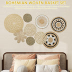 HJJWNDDNG 9 Pack Boho Wall Basket Decor Set, Hanging Woven Seagrass Rattan Wicker Boho Wall Decor, Round Farmhouse Wall Hanging Baskets Rustic Flat Wall Art for Living Room Bedroom Kitchen (Style 9)