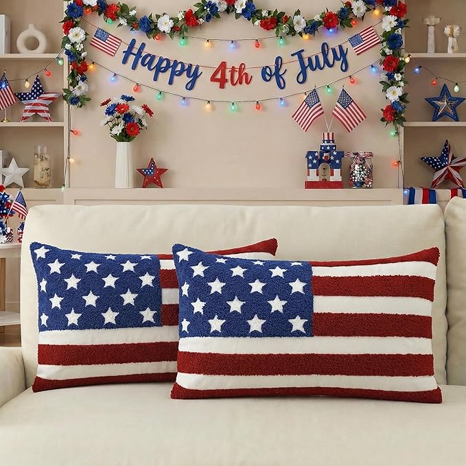 AVOIN colorlife 4th of July Patriotic Striped Star Flag Embroidered Throw Pillow Covers, 12 x 20 Inch Independence Day Decor Tufted Patterned Linen Cushion Case for Sofa Couch Set of 2