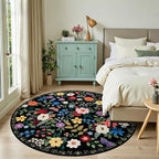Round Area Rug for Living Room: 6 ft Floral Washable Circle Rug Soft Boho Non-Slip Carpet Indoor Stain Resistant Low Pile Small Circular Rug for Bedroom Entryway Kitchen Nursery Home Office Black