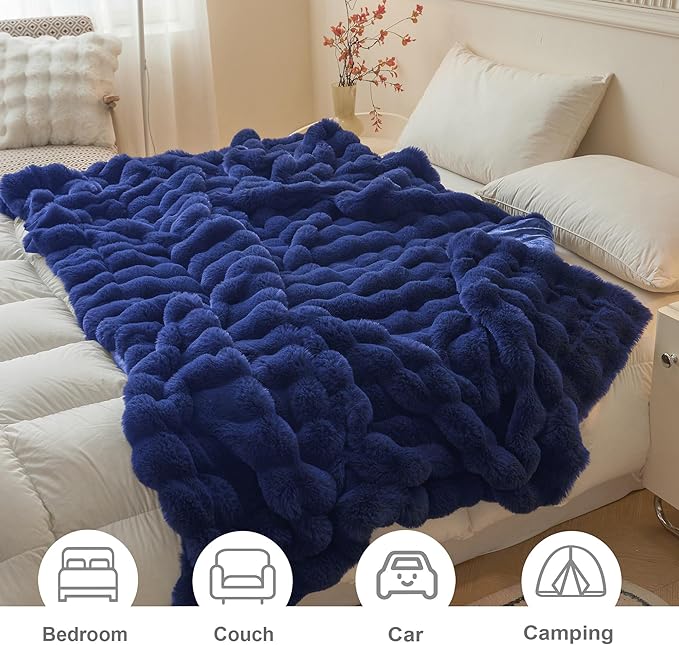 LIFEREVO Fluffy Faux Rabbit Fur Bubble Blanket, Plush Shaggy Throw for Couch Sofa, Cozy Comfy Furry Bed Blanket Adults Kids Teens Girls, Royal Blue Fuzzy Throw for Bedroom Living Room 60x90, Navy Blue