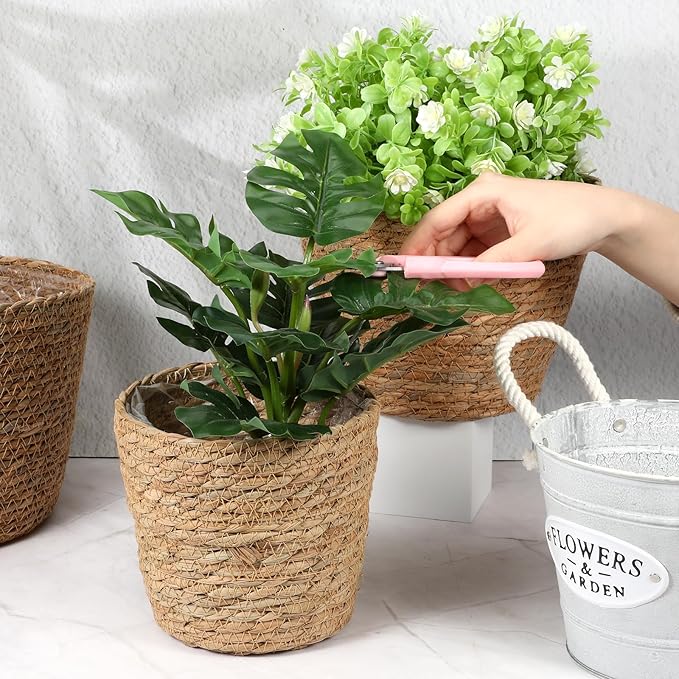 simarro 3 Pack Seagrass Planter Basket, 3 Sizes Stylish Plant Containers Flower Pots with Plastic Lining Woven Baskets for Plants Indoor and Outdoor