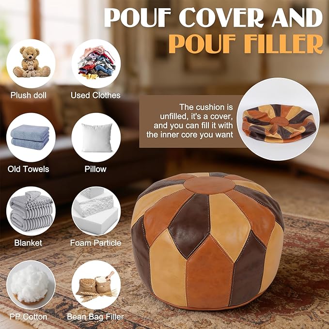 Crystalberry 21in × 21in × 13in Unstuffed Moroccan Pouf Ottoman with Storage Round Faux Leather Boho Footrest Foot Stool Cover Waterproof Poofy Ottoman Cover for Living Room Bedroom Patio